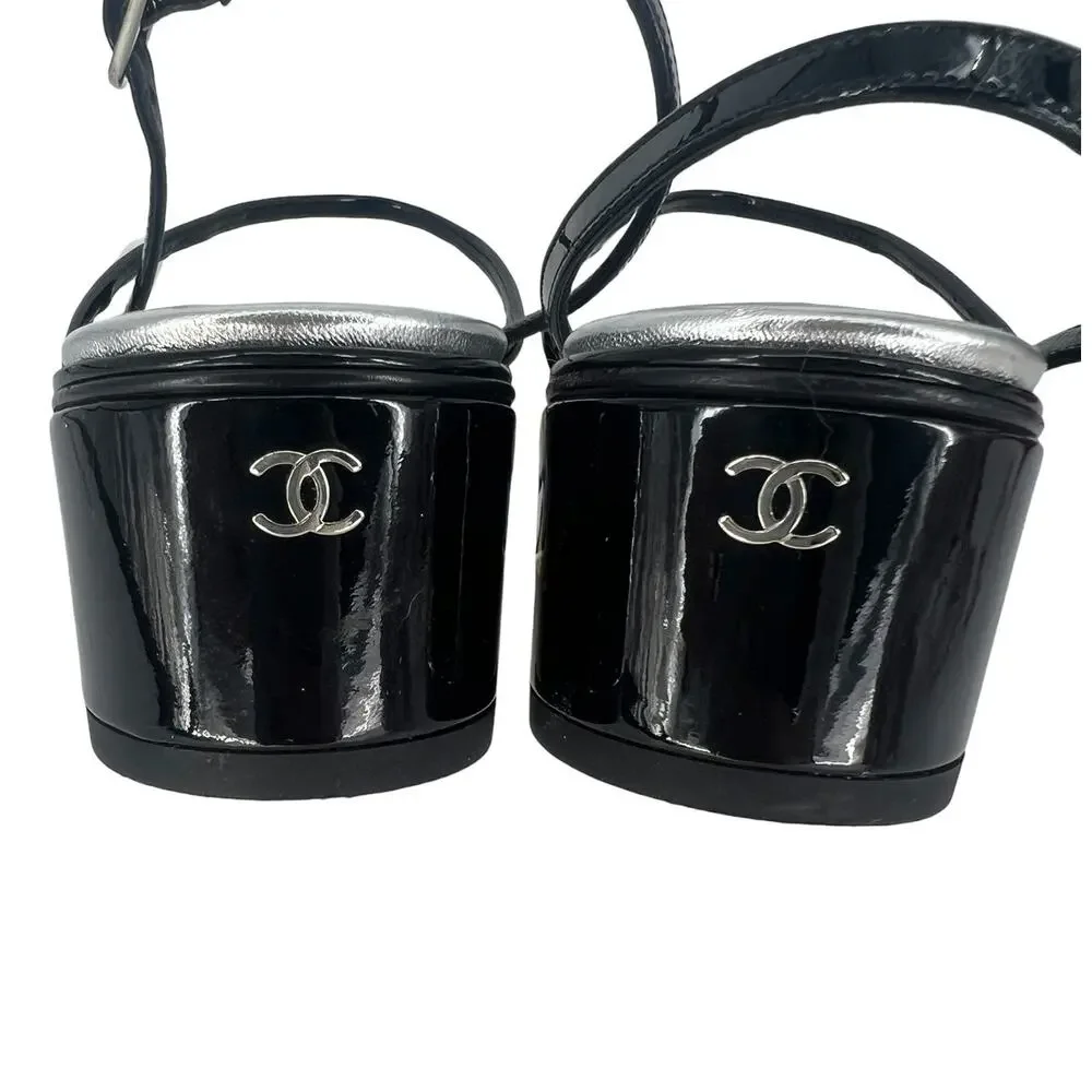 Chanel 2017 Sequin‎ Patent Leather Trim CC Heel Sandals 38C